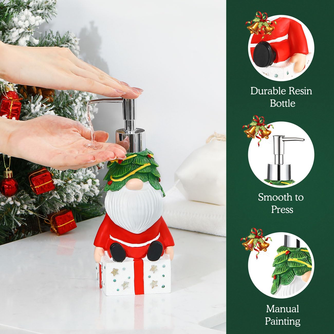 Luxspire Christmas Soap Dispenser, Resin Hand Soap Bottle and Lotion Dispenser Rustproof Refillable, Christmas Santa Decor No Leak for Kitchen Shower Bathroom Countertop, 350ml