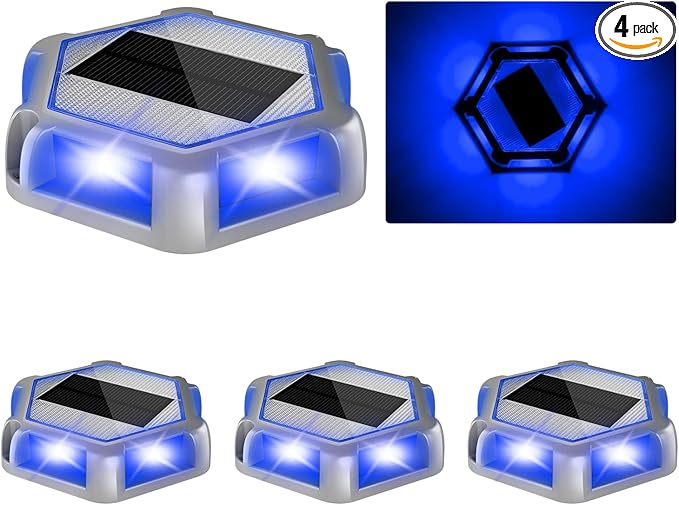 Solar Deck Lights Driveway Dock Lights 4 Pack, Waterproof Outdoor Solar Powered LED Driveway Marker Light Aluminum Warning Step Light for Sidewalk, Garden Pathway, Walkway, Yard, Marine (Blue)