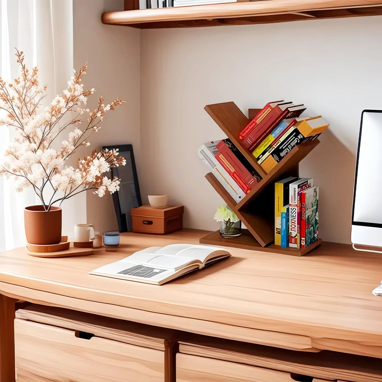 Godferyxin Tree Bookshelf,Desktop Book Shelf,3 Tier Wood Mini Bookshelf and Book Tree for Office, Home or School Desk Book Shelf for for Displaying Books, CDs, Magazines Wood Storage Rack