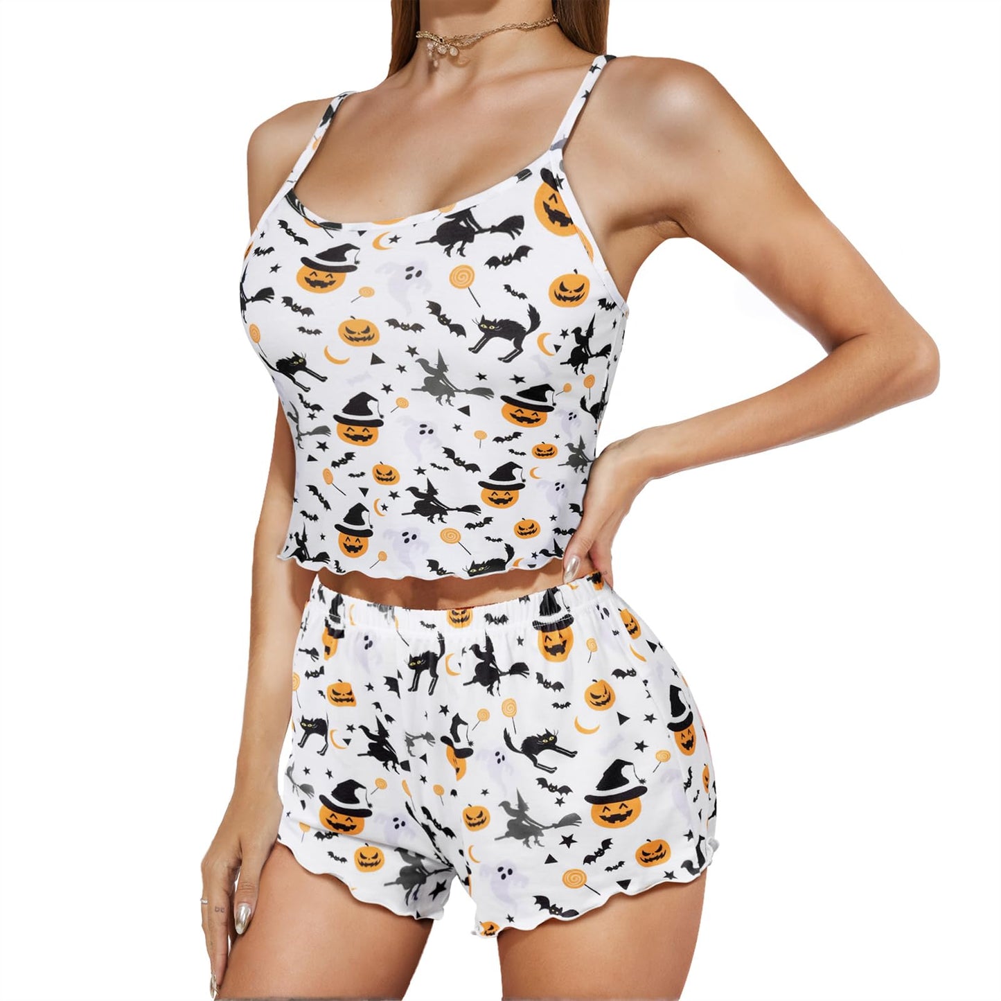 Halloween Pajamas for Women Pumpkin Print Cami Top and Shorts Goth Pj Set Two Piece Sexy Pajama Set Black Sleep Set White Sleepwear Halloween Witch Pumpkin L