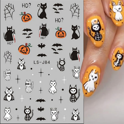 Halloween Nail Art Stickers Cute Ghost Pumpkin 3D Self-Adhesive Nail Decals Bat Cat Skull Designs Nail Decorations Halloween DIY Manicure Supplies for Women Girls&Kids 6Pcs