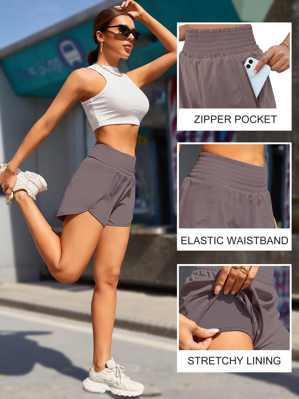 BMJL Women's Athletic Shorts High Waisted Running Short Pocket 2.5" Sporty Shorts Gym Elastic Workout Shorts(L,Coffee)