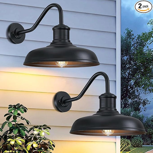 13.8'' Diameter Large Outdoor Gooseneck Barn Light 2 Packs, Outdoor Wall Sconce Farmhouse Exterior Light Wall Lighting Fixture Industrial Outside Lantern for Porch, Patio, Garage, Black (No Sensor)