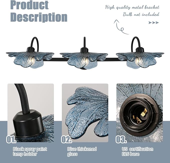 3 Light Bathroom Vanity Light Black Wall Sconce with Blue Flower Glass Shade Bathroom Wall Light Vintage Wall Sconce Art Deco Vanity Lights Over Mirror for Bedroom Hallway Living Room