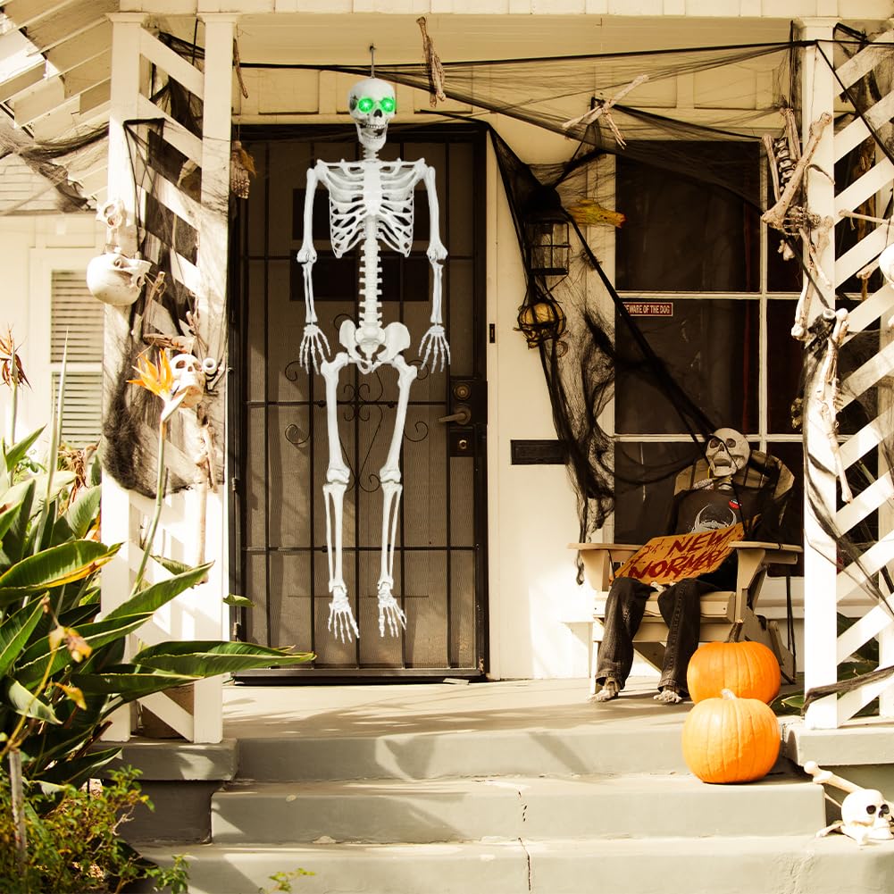 6Ft Halloween Skeleton, Posable Life Size Skeleton with Glowing Eyes Creepy Sound, Plastic Skeletons with Movable Joints for Graveyard Prop, Indoor Outdoor Haunted House Party Decor