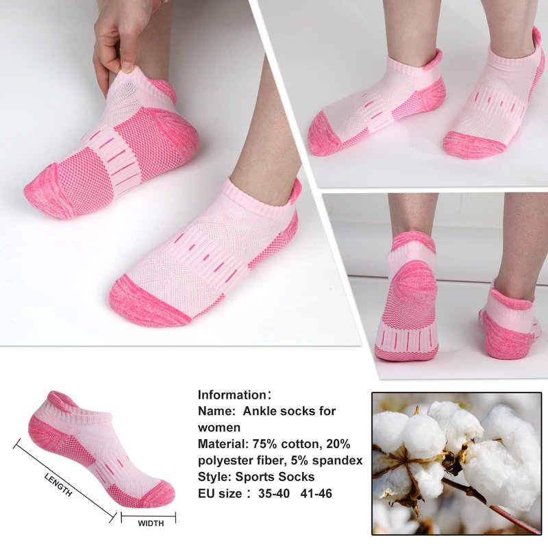 YOJOOM Ankle Socks for Women 6 Pairs Athletic Cushioned Running Low Cut Socks Womens (US, Numeric, 5, 8, Regular, Regular, multicolour)