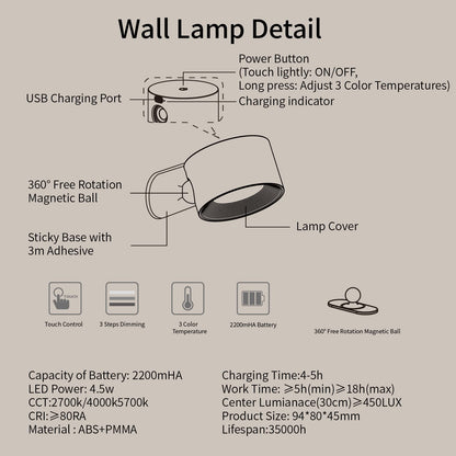 Coollamp LED Indoor Wall Lamp, Bedroom Wall Light with Warm/Natural/White Light, 3 Brightness Levels, Rechargeable Battery, Touch Control, 360 ° Rotate, Wall Lamp for Living Room Corridor Stairs
