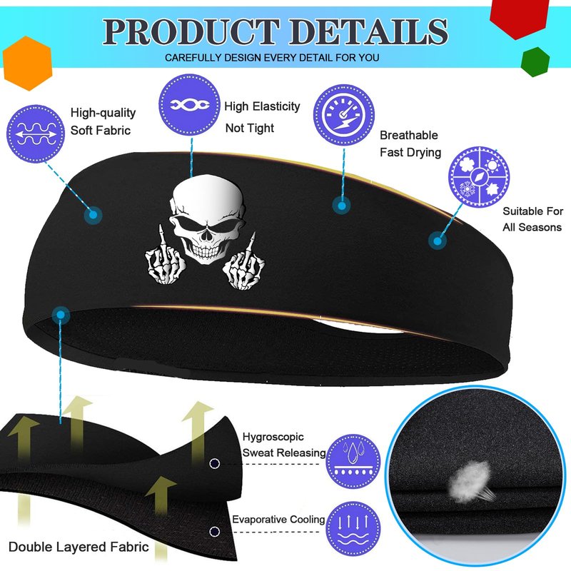 Mens Headbands Sweat Bands 3 Pcs Sweatbands for Men Women Sport Workout Cooling Headbands for Men Running Head Band Hair Band Skull Non Slip Men's Headband for Sweat Yoga Gym Tennis Skateboard Gifts