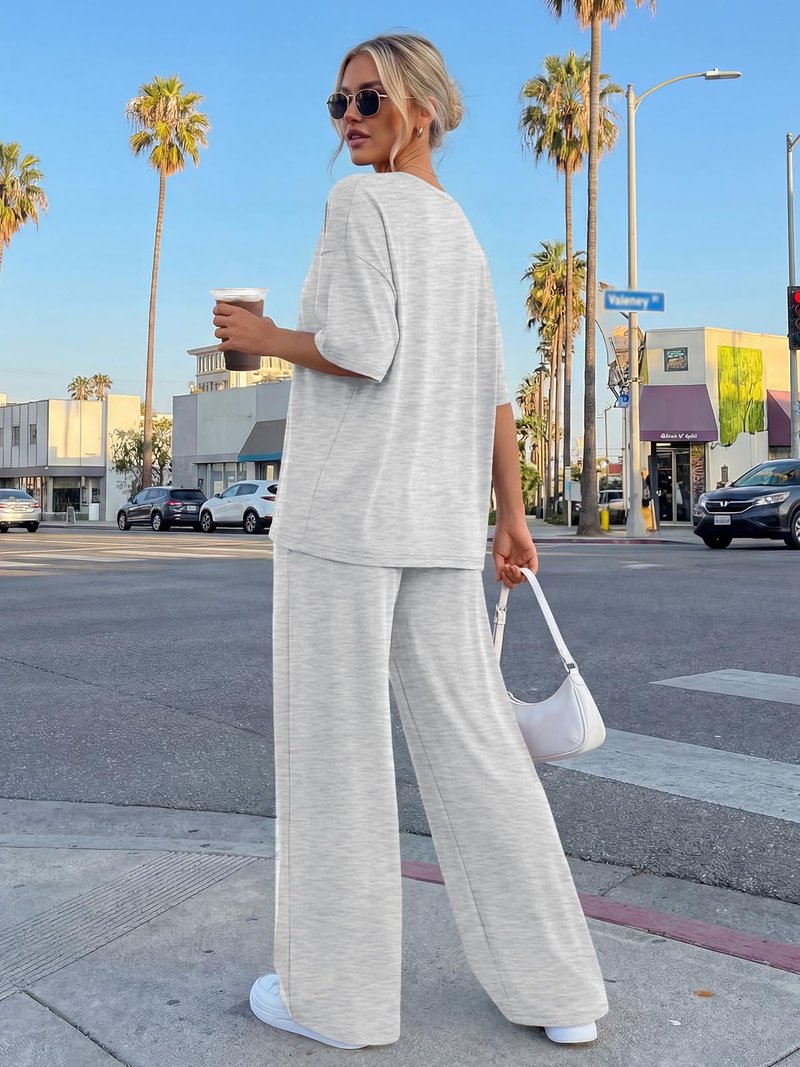 Trendy Queen Women 2 Piece Matching Summer Lounge Sets Clothing Spring Loose Fit Short Sleeve Shirts & Pants Loungewear 2026 Travel Airport Outfit Cruise Resort Beach Vacation Clothes