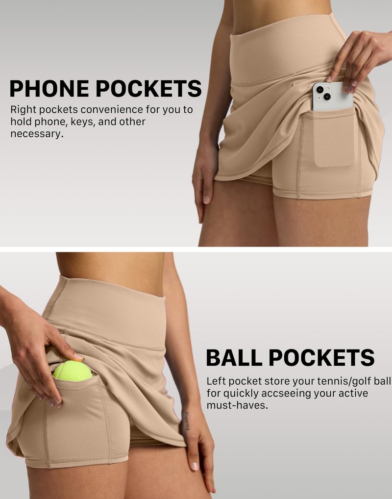 Soothfeel Tennis Skirts for Women 14.5" High Waisted Golf Skirt with Shorts Pockets Workout Athletic Skorts for Woman (Beige Khaki, M)