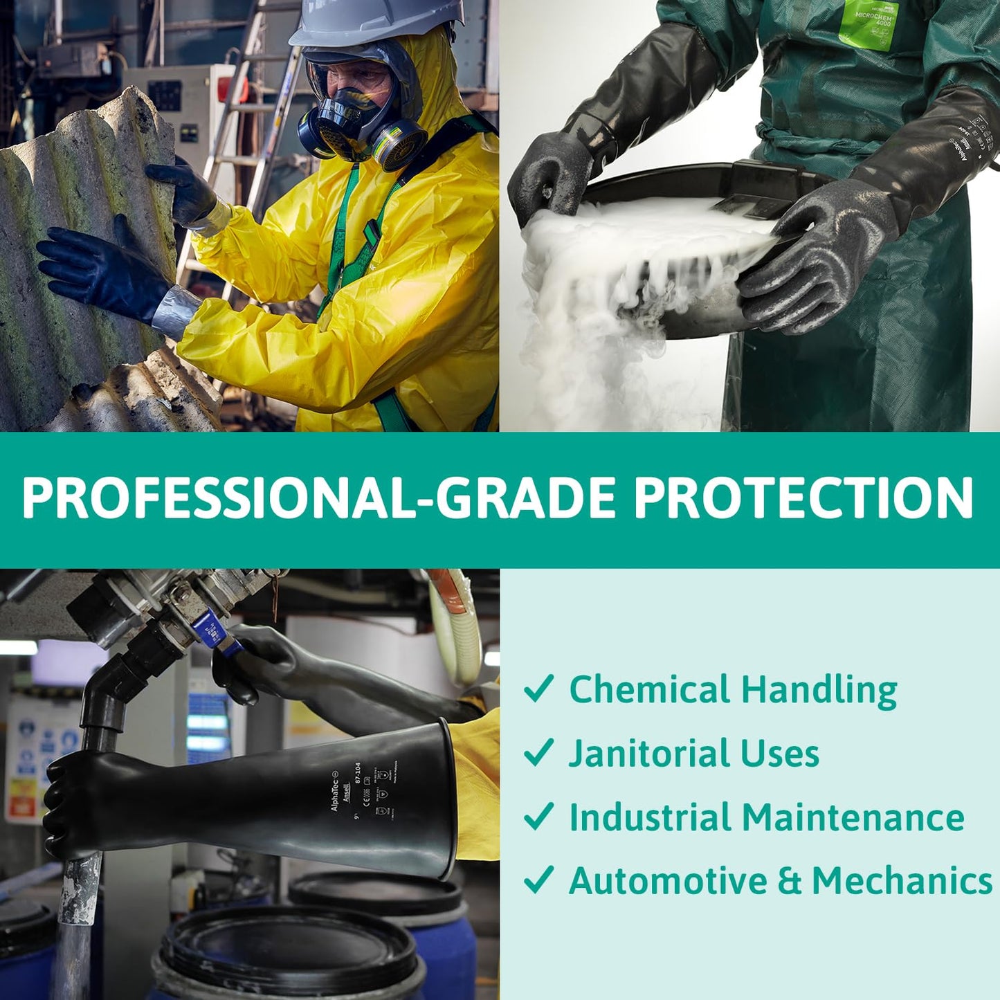 Ansell AlphaTec 87-108 Chemical Resistant Gloves in Latex with Long Cuff (61cm/24in), Heavy Duty Protection against Acids and Solvents, Reusable Rubber Latex Gloves, Black, Size L (1 Pair)