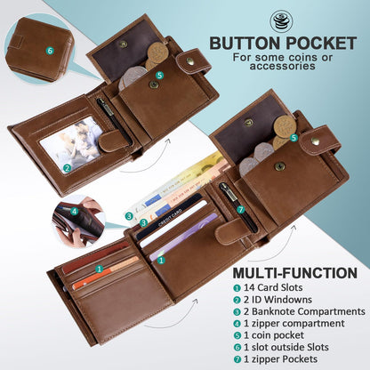 GSG SINCE 1998 Men's Wallets Cowhide Leather Multi-Functional RFID Blocking Wallet with 17 Credit Card Slots, 2 Banknote Compartments, 2 ID Windows, 1 Coin Pocket Dark Brown