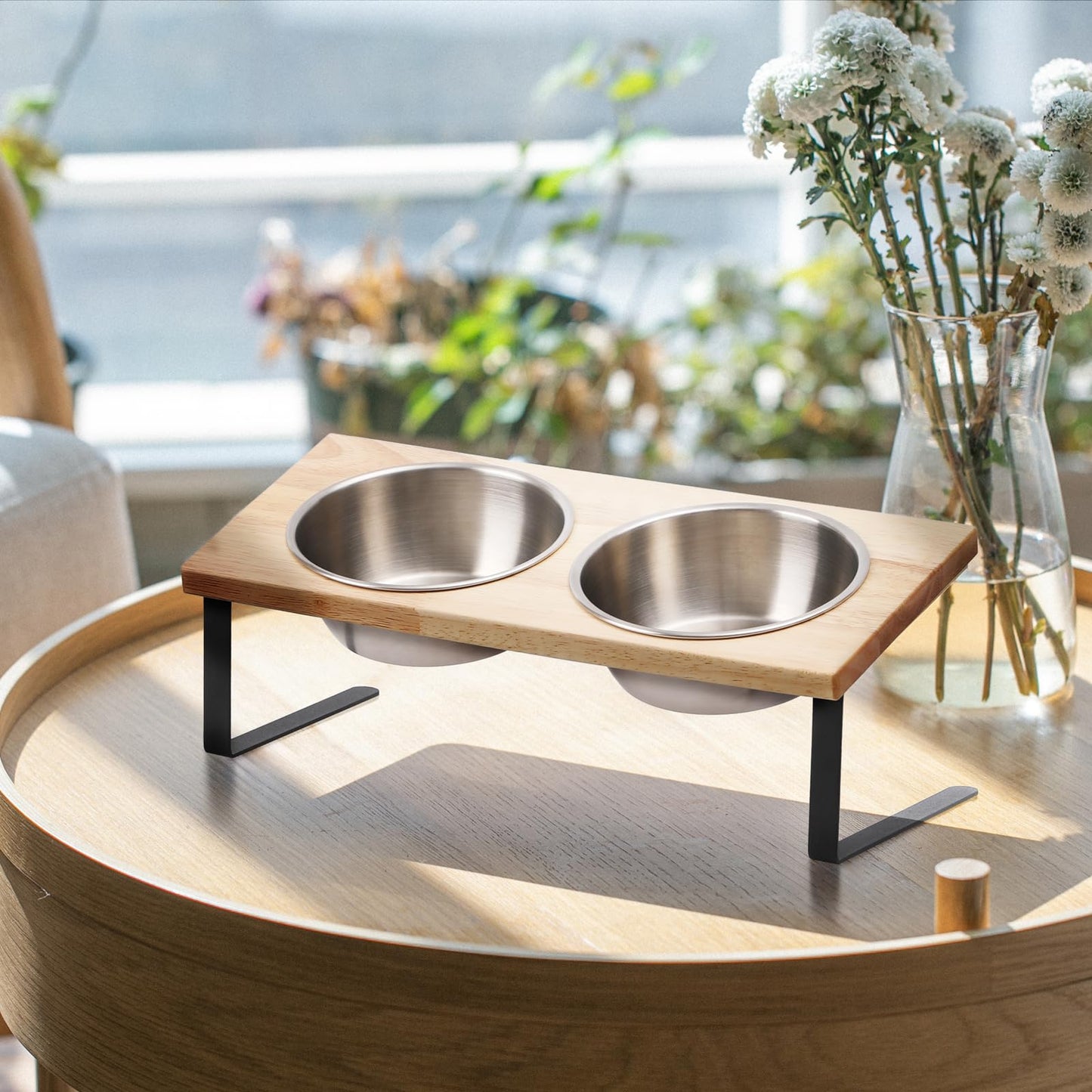 Elevated Cat Bowls, Small Dog 15° Tilted Raised Stainless Steel Bowl Stand, Solid Bamboo Food Water Bowl Set Feeding Station for Pets