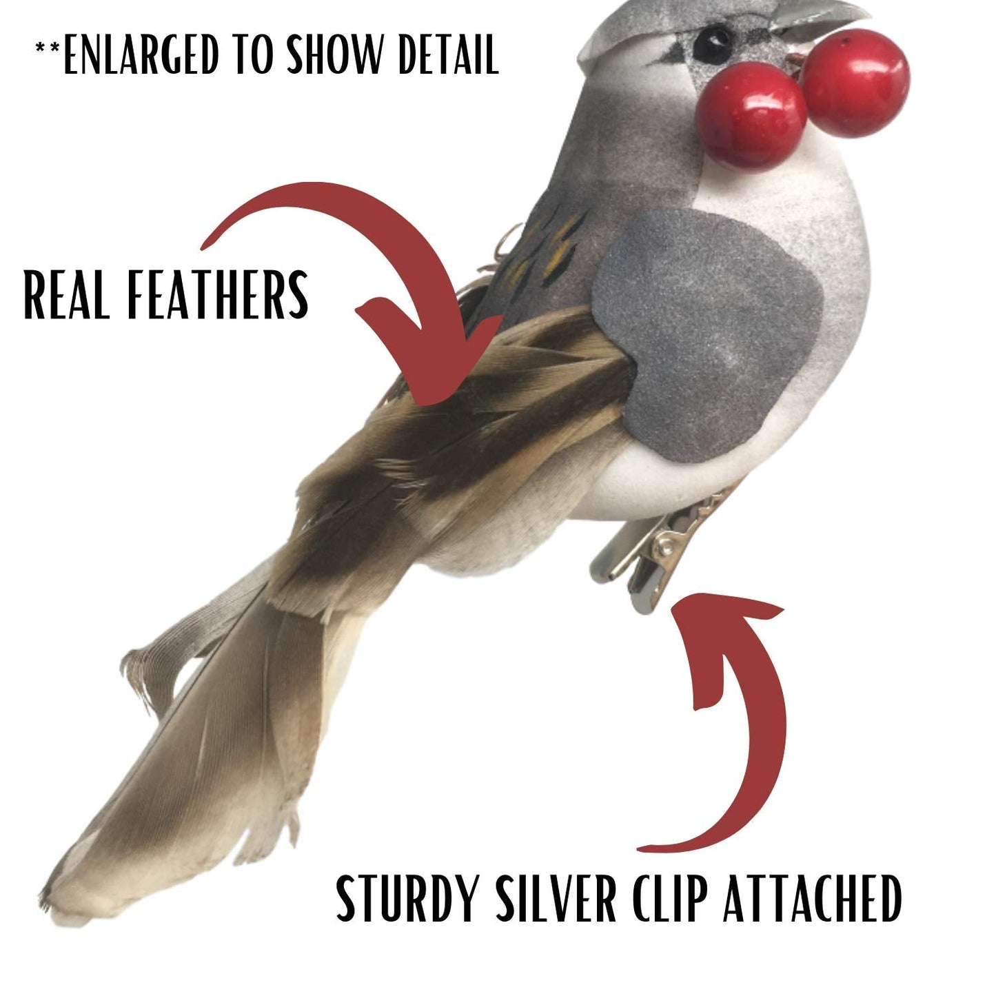Feathered Song Bird Clip-On Christmas Ornaments - Set of 8 Assorted Styles of Birds with Metal Clips - Cardinals Orioles Finches Chickadees - $2.12 Each - Carrying Red Berries - Measures 4"W