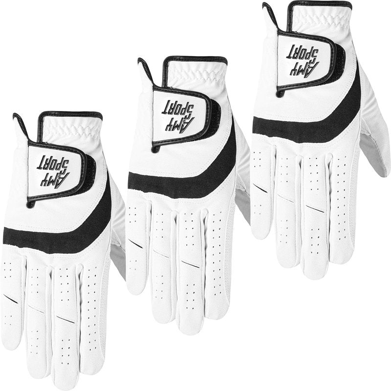 Amy Sport Golf Gloves Men Right Handed Golfer Left Hand 3 Pack PU Leather All Weather Grip Soft Breathable Flexible for Mens (White-3 Pack, Large, Right)
