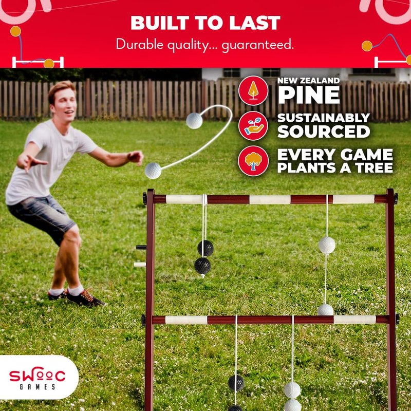 SWOOC Games® - Premium Wooden Ladder Ball Game Set (Weather Resistant) - with 10+ Games & Carrying Case - Easy, No Tool Set Up - Premium Ladder Toss Outdoor Game - Backyard Ball Toss Games