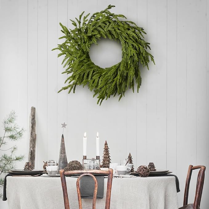 Somikis 24 Inch Christmas Wreaths for Front Door Real Touch Norfolk Pine Wreath for Winter Indoor&Outdoor Porch Windows Wall Home Decor, Realistic Wreath for All Seasons