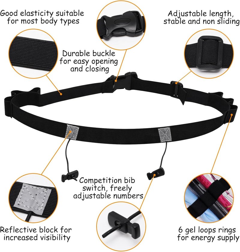 Race Number Belt - 2-Pack Bib Belts with 6 Energy Gel Loops | No Safety Pins for Marathon & Triathlon Running