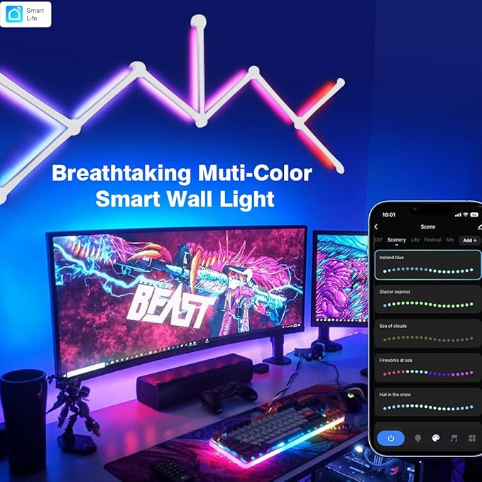 LED Smart Glide Wall Line Light, WiFi RGB LED Wall Lights for Gaming Room, 16M+ Colors, Music Sync, Compatible with Alexa and Google Assistant(9 Light Lines,White)