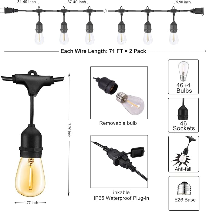 DAMAING LED Outdoor String Lights 150FT,Shatterproof IP65 2 Pack x 75Ft Patio Lights for Heavy Duty Hanging Lights Waterproof,Outdoor Edison String Lights for Outside House Backyard,Porch,Yard
