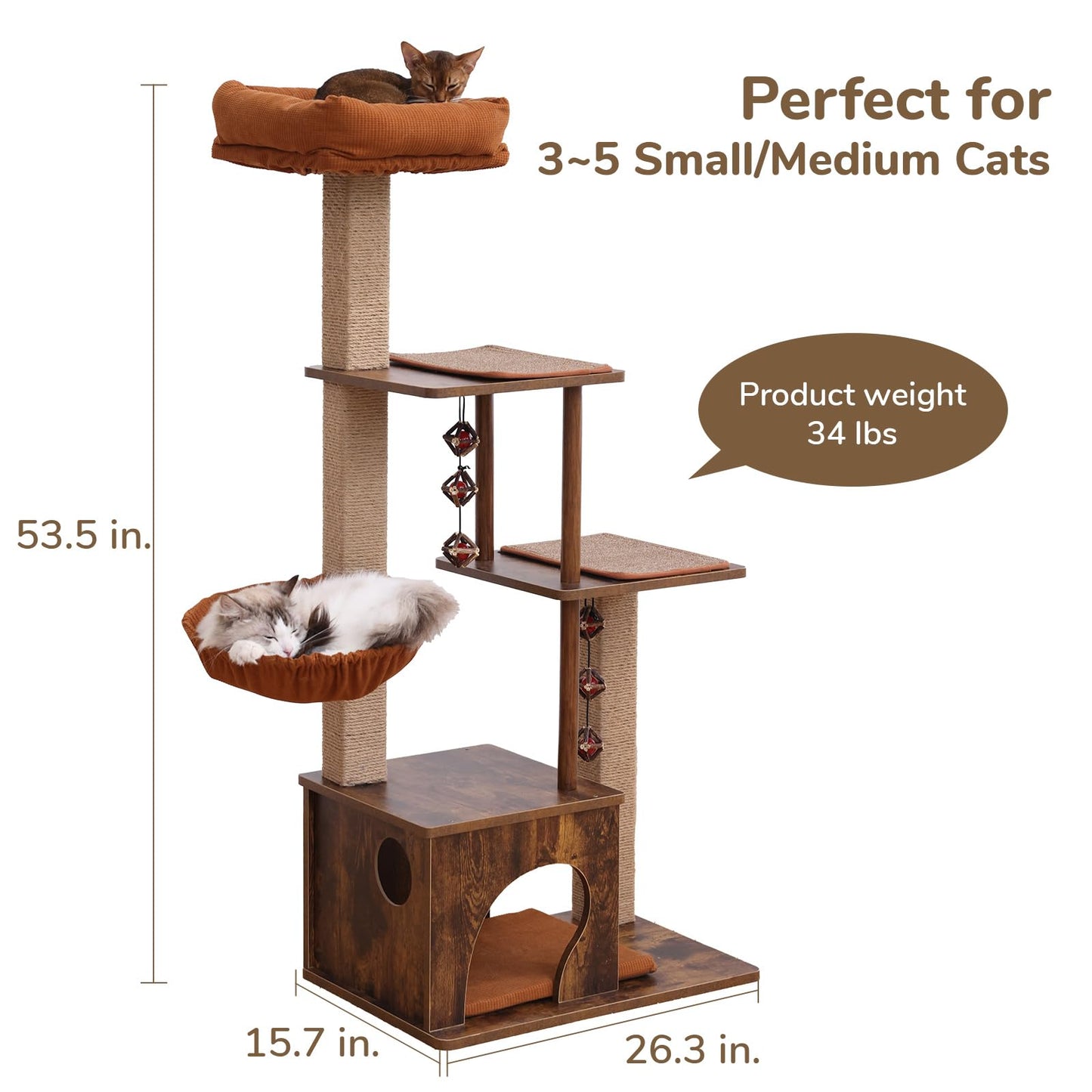 FUKUMARU Cat Tree, 4 in 1 Large Modern Cats Tower with Jute Scratching Post and Hammock, Wood Cat Condo with silvervine Balls, Brown Cat Climber Stand Playhouse for Indoor Cats, Retro Style