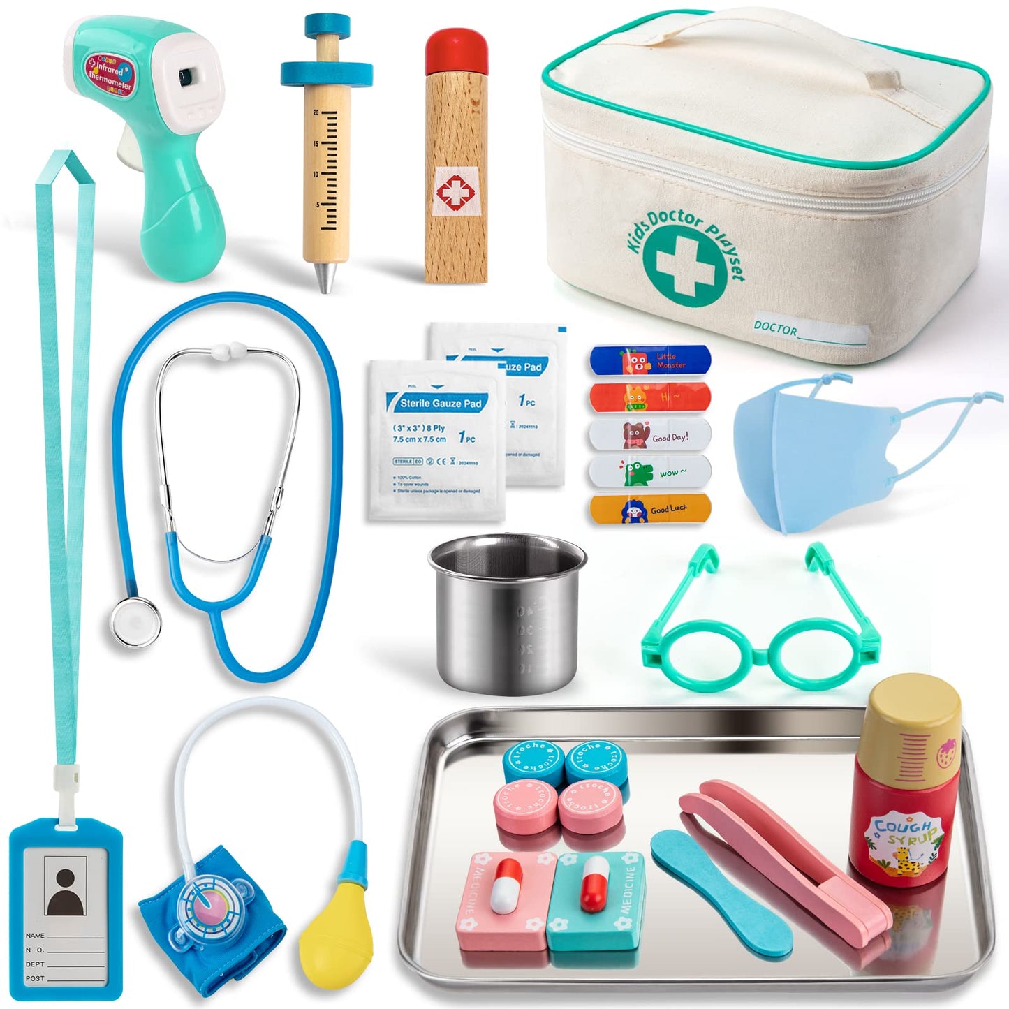 Sundaymot Kids Doctor Kit Toy with Real Wooden Stethoscope, Thermometer, Syringe and Practical Items for Children Role Play Medical, Gift for 3 4 5 Years Boys Girls