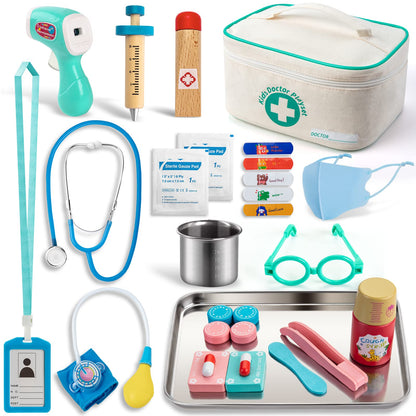 Sundaymot Kids Doctor Kit Toy with Real Wooden Stethoscope, Thermometer, Syringe and Practical Items for Children Role Play Medical, Gift for 3 4 5 Years Boys Girls