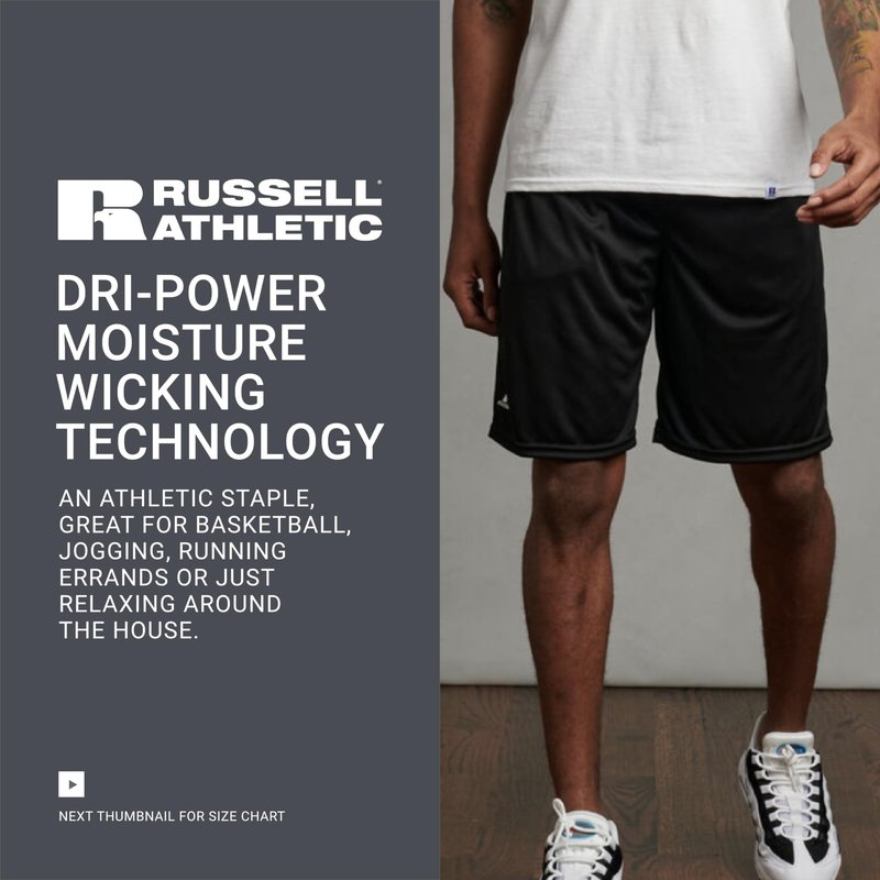 Russell Athletic Men's Dri-Power Performance Short with Pockets Shorts, Black, M