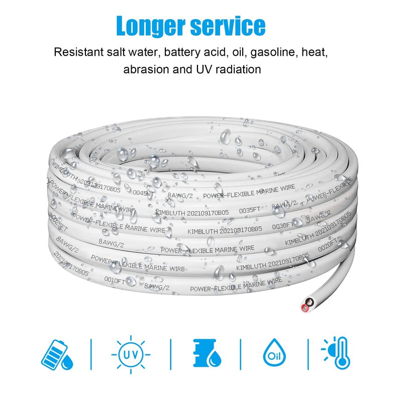 Kimbluth 8 Gauge Duplex Marine Wire Tinned Copper Boat Cable, 20ft 8 AWG Standard USA OFC Oxygen Free Copper Wire for Automotive Boat Speakers Solar Outdoors