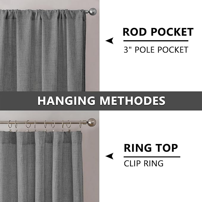 Tollpiz Linen Curtain Living Room Rod Pocket Semi Sheer Curtains Burlap Light Filtering Thick Linen Drape for Bedroom, 54 x 72 inches Long, Dark Grey, Set of 2 Panels