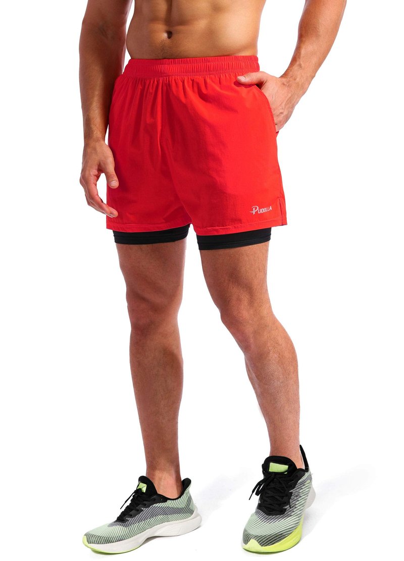 Pudolla Men’s 2 in 1 Running Shorts 5" Quick Dry Gym Athletic Workout Shorts for Men with Phone Pockets(Dark Red Medium)