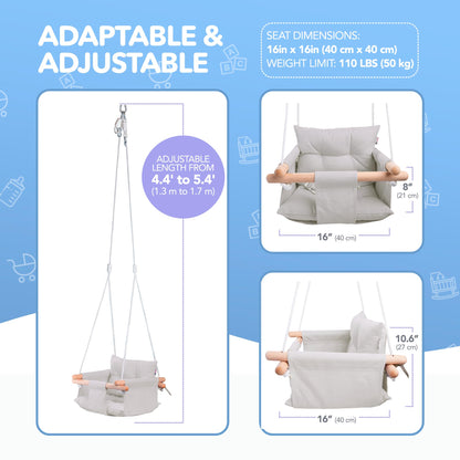 CaTeam - Canvas Baby Swing, Wooden Hanging Swing Seat Chair with Safety Belt, Durable Baby Swing Chair, Outdoor and Indoor Swing for Kids, Mounting Hardware Included, Gray