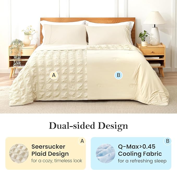 Cozy Bliss Cooling Comforter Seersucker Plaid Full, Q-Max 0.4 Reversible Lightweight Cooling Blanket, Breathable Silk Smooth Summer Bedding Quilt for Hot Sleepers Night Sweats Khaki