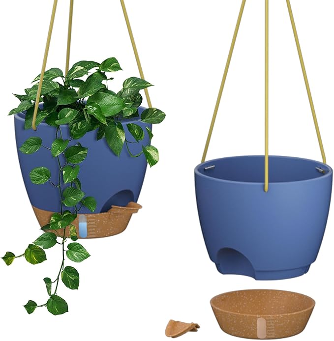 ZMTECH 10 Inch Hanging Planters for Indoor Plants & Outdoor - 2 Pack Self-Watering Hanging Pots with Drainage Holes, Visual Reservoir, Plastic Hanging Baskets Flower Pots with Removable Saucer, Blue