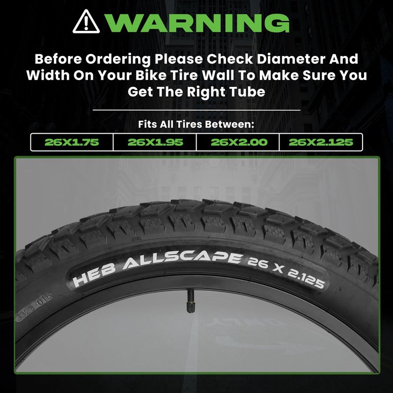 HEB 26" Bike Inner Tubes 26 x 1.75, 1.95, 2.10, 2.125 – Butyl Rubber Bicycle Tubes with Schrader Valve – Compatible with Cruiser, Mountain, City & Kids Bikes – Set of 2
