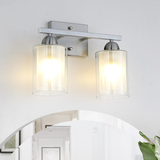 Stainless Steel Bathroom Vanity Light Over Mirror, 2 Light Brushed Nickel Bathroom Light Fixtures with Milk Glass and Clear Glass Shades, Modern Vanity Lighting Wall Mount