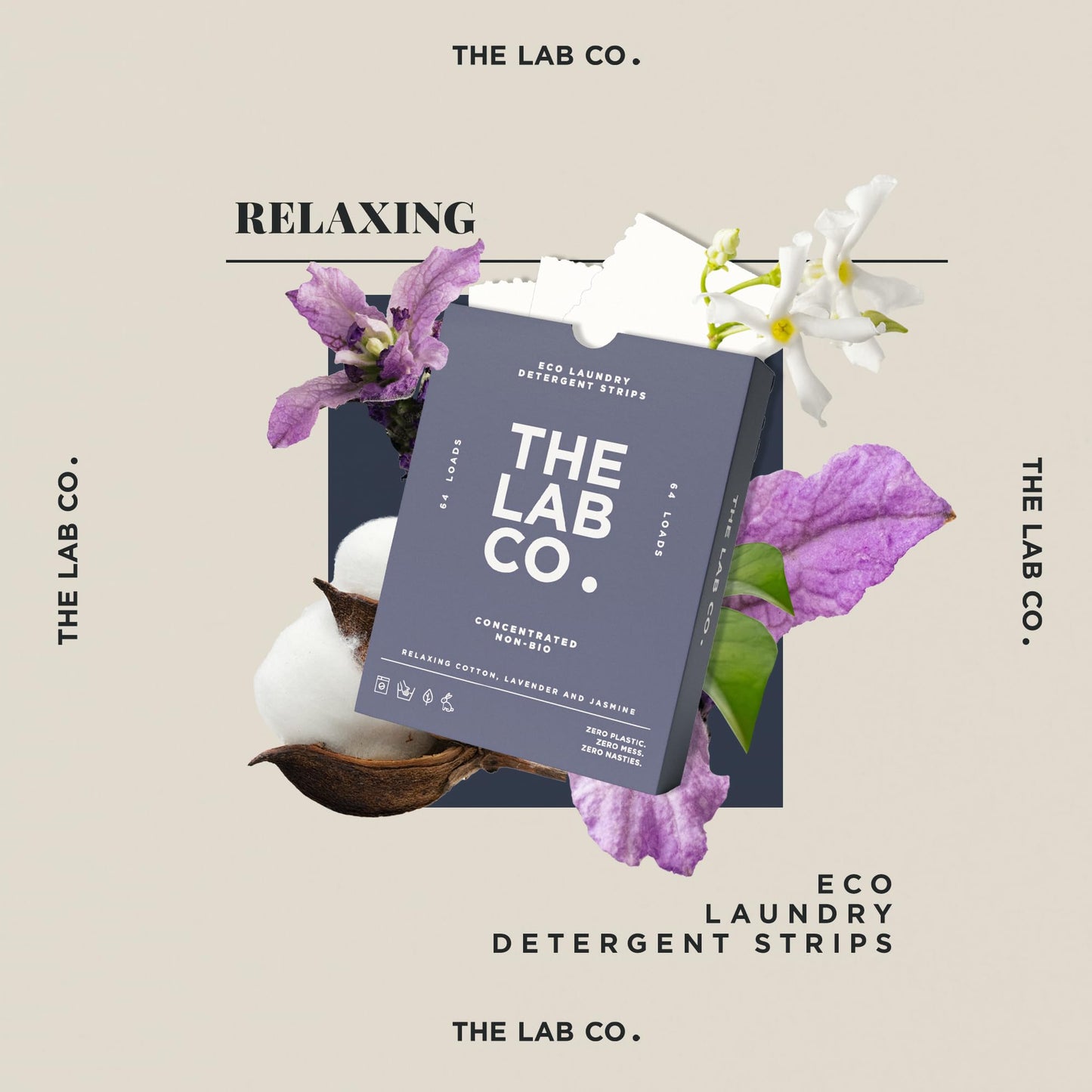 The Lab Co. Laundry Detergent Strips Sheets | 64 Loads | Eco Ultra-Concentrated | Non-Bio for Sensitive Skin | Relaxing Fragrance Cotton Lavender Jasmine