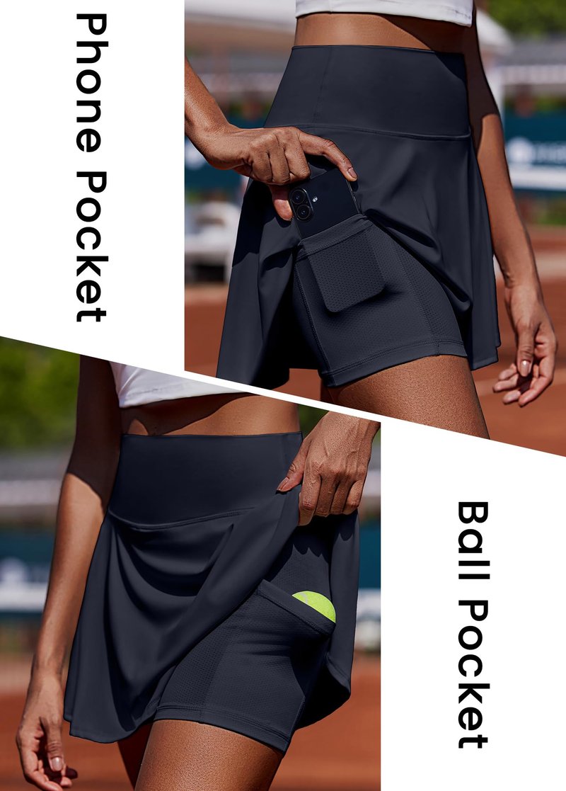 PINSPARK Tennis Skirts for Women Pleated Golf Skorts with Shorts Pockets High Waisted Lightweight Athletic Skirt for Workout Running Pickleball Casual,Dark Navy L