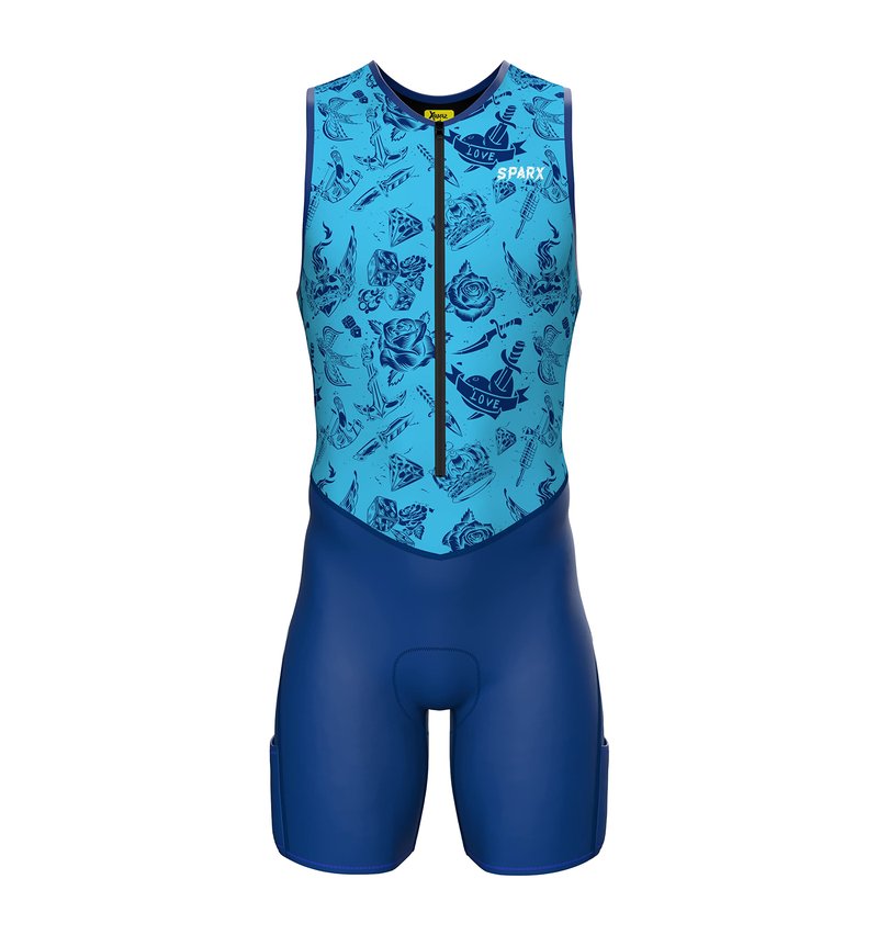 Sparx Men's Premium Triathlon Suit – Padded, Quick-Dry, Compression Fit, Lightweight Tri Suit for Swim, Bike, Run Race & Training (3XL, Blue Tattoos)