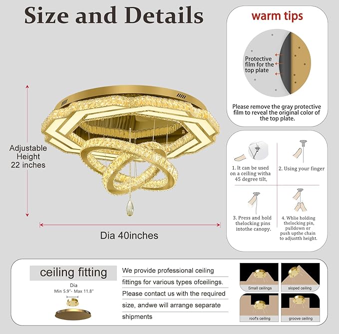 Flashing God Modern Crystal Chandelier,Large Ceiling Chandelier Gold Pendant Lighting Crystal Ceiling Light for Dining Living Room Bedroom