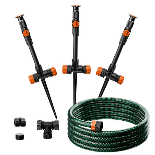 RESTMO Flexible Sprinkler System with Metal Spike Base, Above Ground DIY Irrigation Kit, Multi-Adjustable Lawn Sprinkler Set, Ideal for Plant and Flower Bed Watering, 30ft Garden Hose Included, Orange