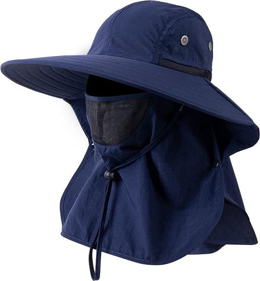 HEEHIPOO Mens Women Fishing Hat UPF 50+ Wide Brim Sun Hat with Face Cover & Neck Flap Navy