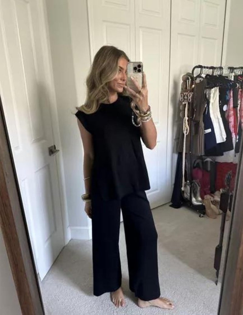 Lviefent Womens 2 Piece Outfits Sweater Set Sleeveless Side Slit Pullover Top Knit Wide Leg Pants Lounge Matching Sets (Black-L)