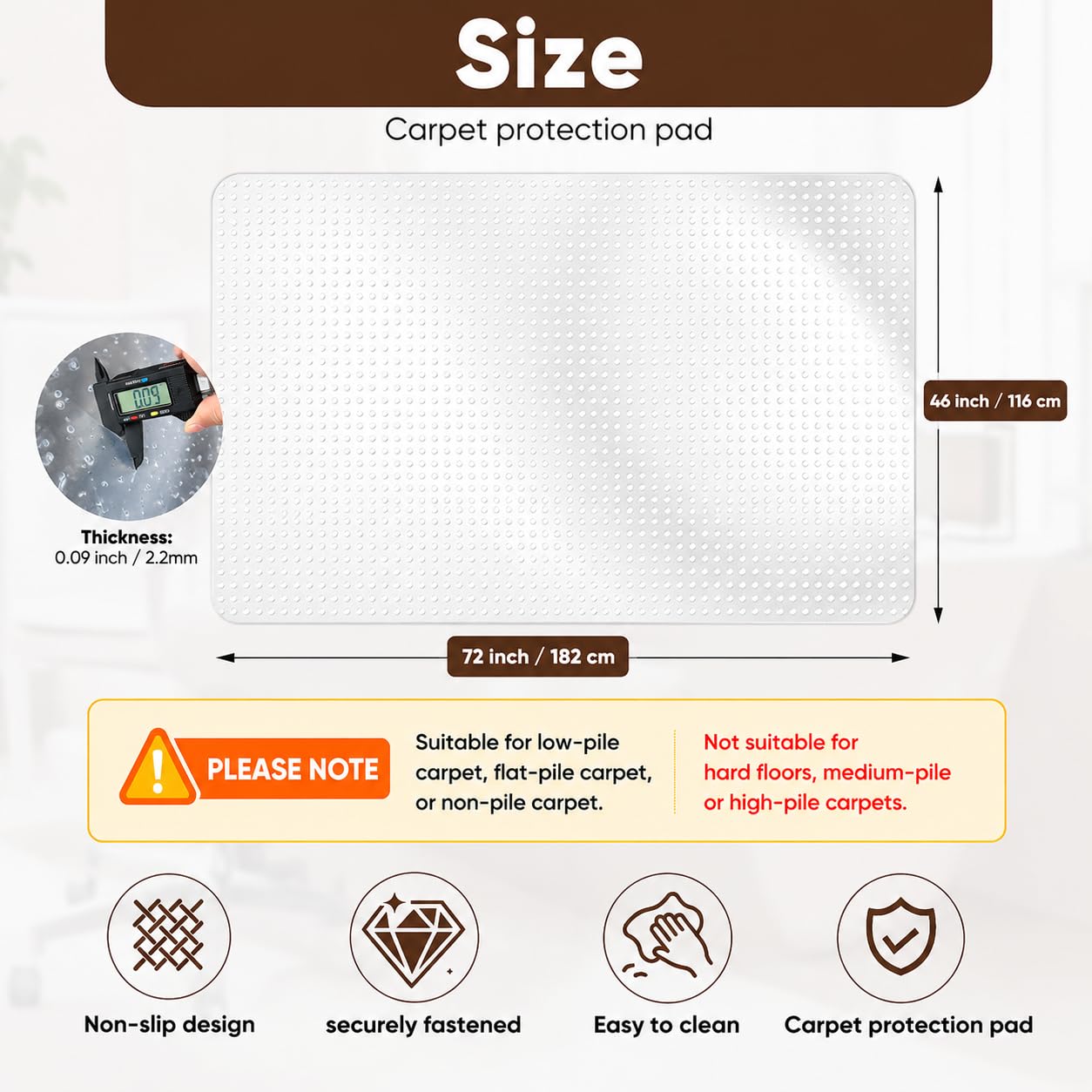 46” x 72” Office Chair Mat for Low-Pile Carpet, 2.2 mm Thick Clear Desk Chair Mat with Non-Slip Grips, Large Floor Protector for Low, Flat Carpeted Floors (Clear)