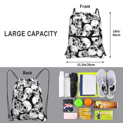 Halloween Goth Skull Drawstring Backpack, Gothic Black White Skeleton Drawstring Bag, Waterproof Durable String Sackpack, Large Capacity Cinch Sackpack for Yoga Sport Beach Gym Shopping
