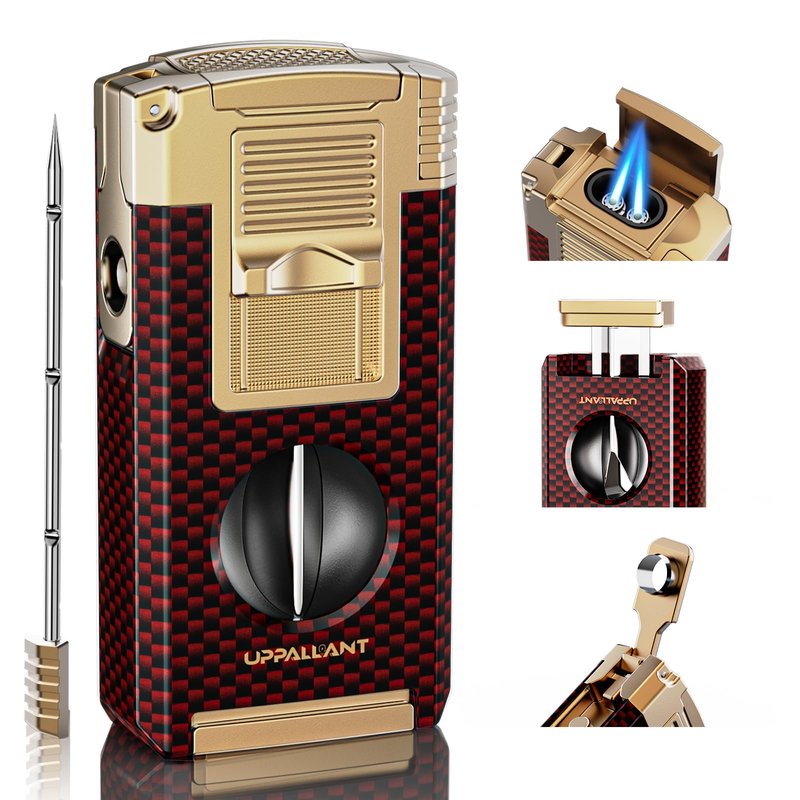 5-in-1 Torch Lighter with Cutter, Punch, Holder, Draw Enhancer Tool and Dual Jet Flames, Refillable Butane Torch Lighters Gifts for Men, Versatile Accessories, Windproof Lighters for Candle, Travel
