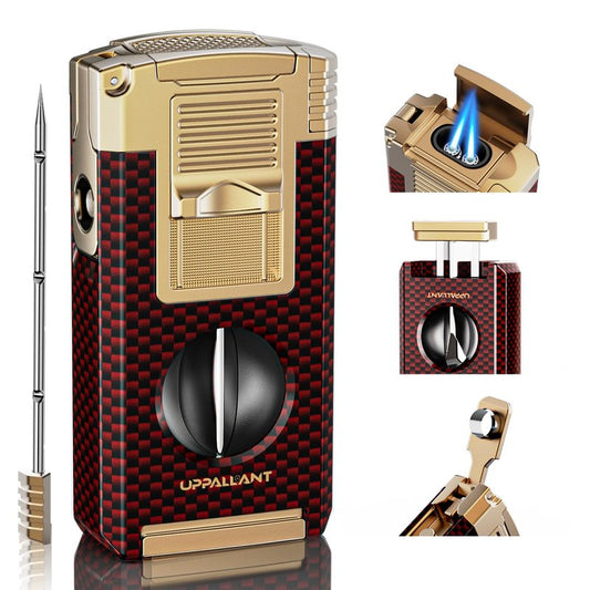 5-in-1 Torch Lighter with Cutter, Punch, Holder, Draw Enhancer Tool and Dual Jet Flames, Refillable Butane Torch Lighters Gifts for Men, Versatile Accessories, Windproof Lighters for Candle, Travel