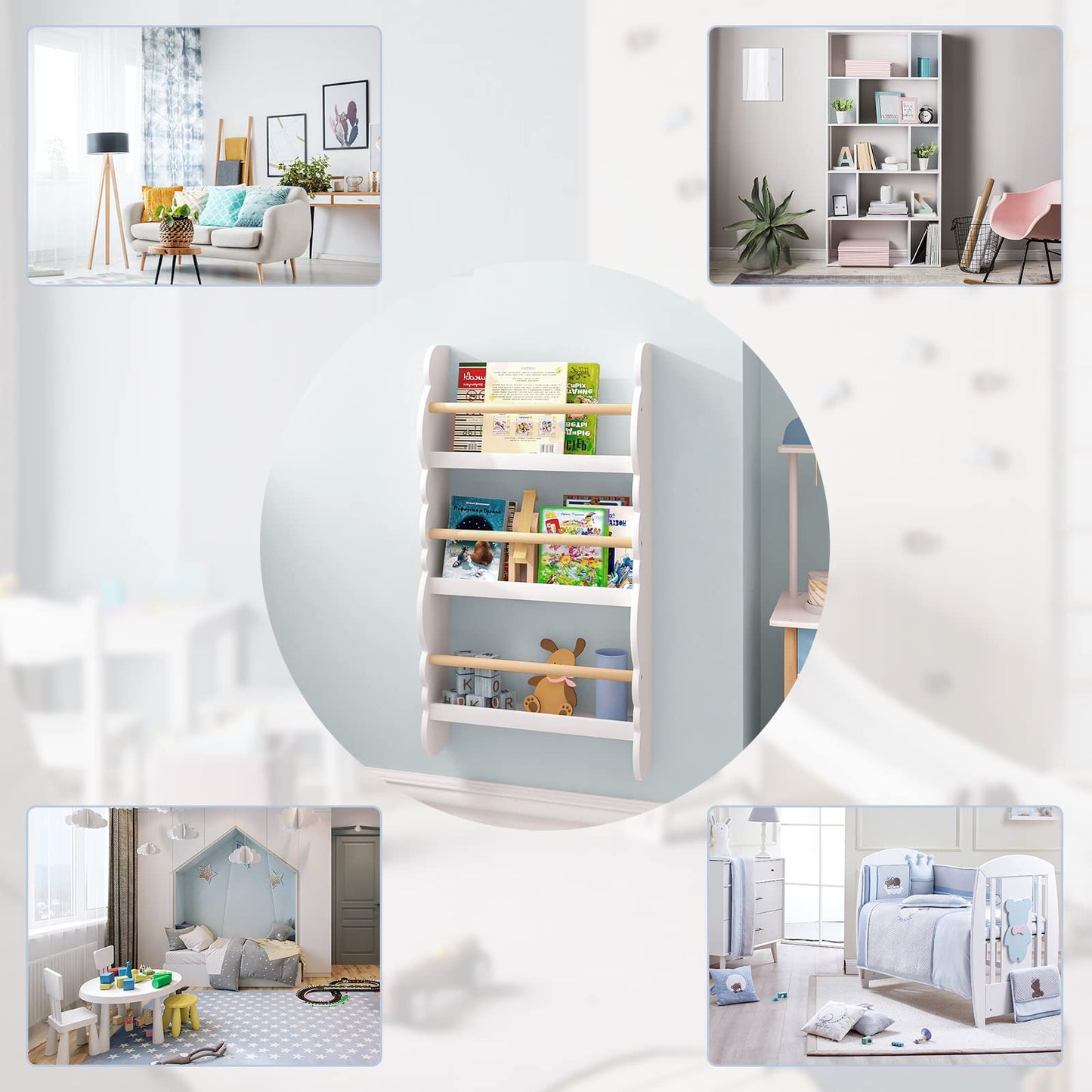 WOLTU Kids Bookcase, Wall Shelf, 3-Tier Children's Bookshelf, Storage Display Rack, Wooden Book Organiser for Children's Room, Cloud-shape, White