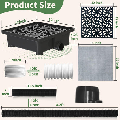 Gutter Downspout Extensions Big Kit, Catch Basin + 2pcs Pipes, Low Profile Downspout Extender - Each Flexible Pipe is 8.2ft - can be Connected into a Whole. Protect Foundation.(Black)