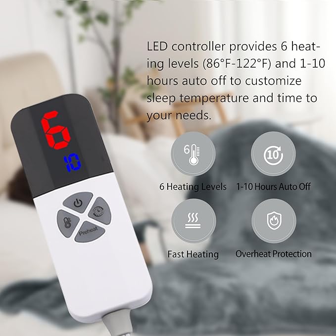 Heated Blanket Full Size, Soft Cozy Flannel Sherpa Electric Blanket with 6 Heating Levels & 1-10 Hours Auto Off, Overheat Protection, Machine Washable Plush Heating Blanket 72" x 84", Gray